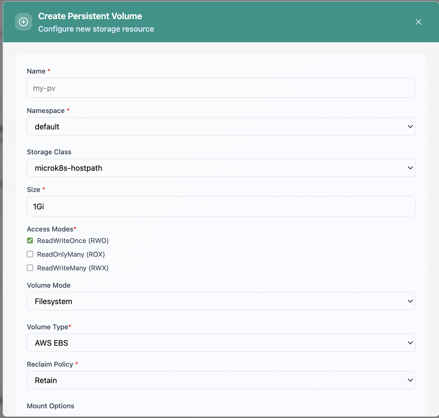 Create Persistent Volume form.